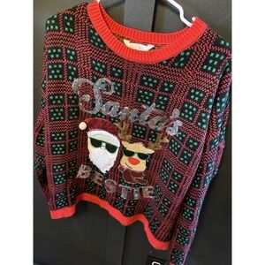 Santa's Bestie Christmas Sweater XXXL 3X Ugly Holiday Contest Party Plaid Red
